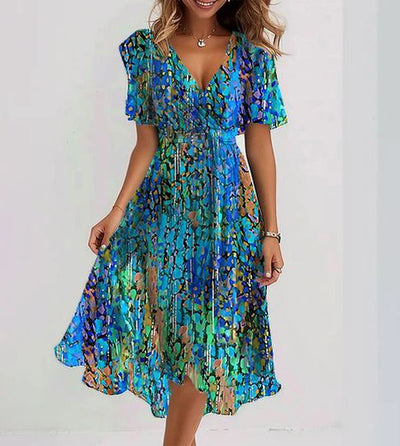 Leanne - Blue Midi Dress with Short Sleeves