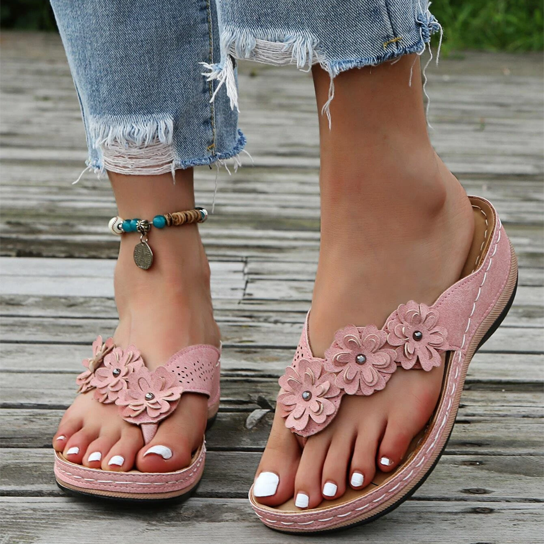 Retro Studded Flowers Arch Support Wedge Flip Flops