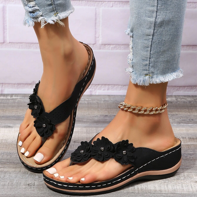 Retro Studded Flowers Arch Support Wedge Flip Flops