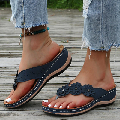 Retro Studded Flowers Arch Support Wedge Flip Flops