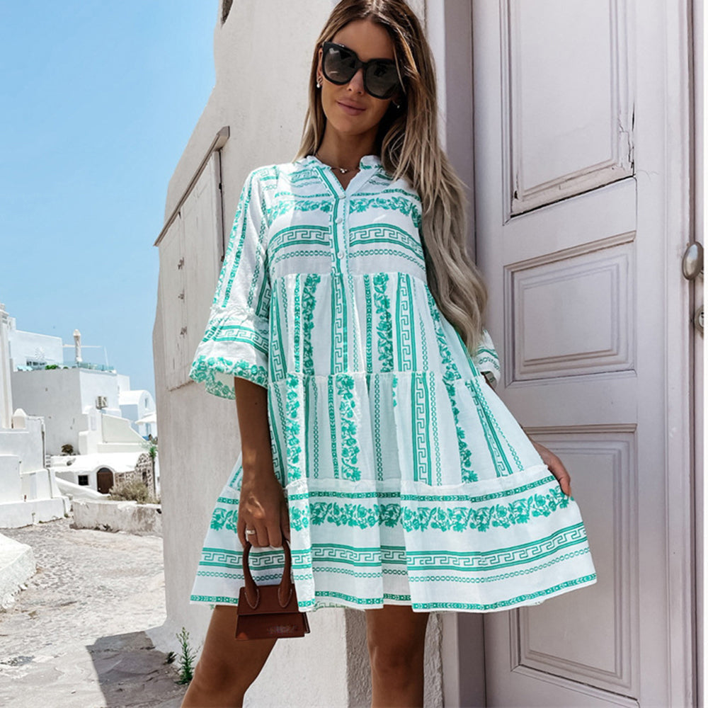 Inna Ibiza Ruffle Dress | Delightfully airy Boho dress with a cheerful pattern